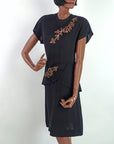40s Vintage Cocktail Dress Women's Large LBD Sparkly Arrow Accent Peplum VFG