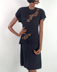 40s Vintage Cocktail Dress Women's Large LBD Sparkly Arrow Accent Peplum VFG