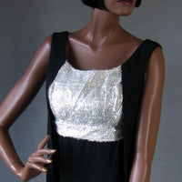 empire bodice of 60s dress, in silver eyelash fabric