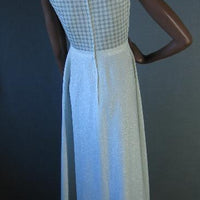 back view, 70s sleeveless long dress in silver & white lurex