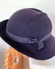 side view, 30s low crown dark blue felt slouch hat