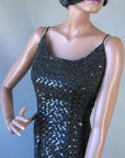 bodice, 1960s fully beaded bombshell black evening gown