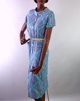 full view of 50s day dress sheath with big buttons and pockets