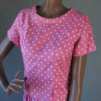 popover bodice, 1950s vintage pink polka dot dress
