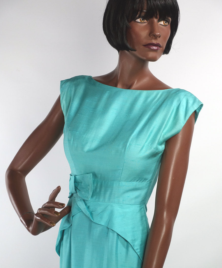50s Sheath Dress Vintage Aqua 60s Fitted Peplum Draped XS Teri Junior Jerry Miller VFG 50s Sheath Dress Vintage Aqua 60s Fitted Peplum Draped XS Teri Junior Jerry Miller VFG