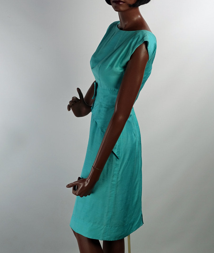 50s 60s Women's Sheath Dress Vintage Aqua Fitted Peplum Drape Details Silk XS VFG
