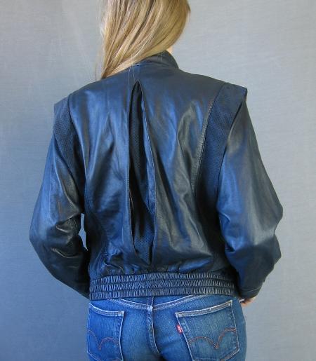 back view, 80s dark blue leather jacket Thriller inspired