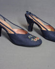 50s Women's Vintage Heels by Troylings Slingback Needlepoint Trim Shoes 7 8 VFG