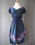 another view, 70s border print dress with tiered skirt