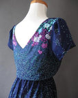 back view of vee neck bodice, 70s flutter dress with tulip sleeves