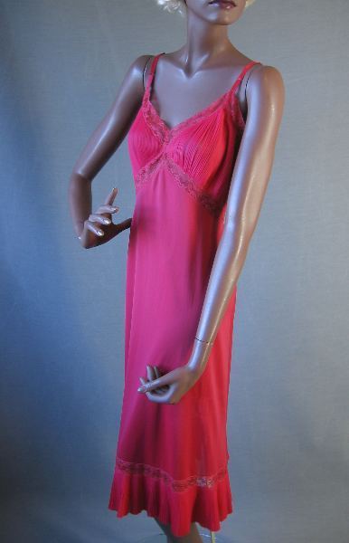 Vanity Fair 50s vintage red nylon slip with crystal pleating and lace trim