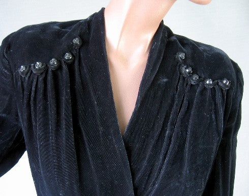 40s Vintage Women's Dress Cocktail Party Black Velvet Wrap Front Lbd Large VFG