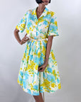 50s Dress Full Skirt Women's 60s Shirtwaist Bright Floral Print Vintage VFG Large Westbury