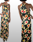 Old Hollywood 30s Halter Neck Evening Dress Vintage Silk Satin Racer Back Floral Print VFG