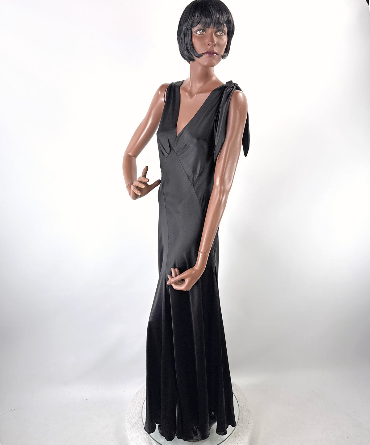 Early 30s Evening Gown Bias Cut Long Dress Black Satin Old Hollywood Small VFG