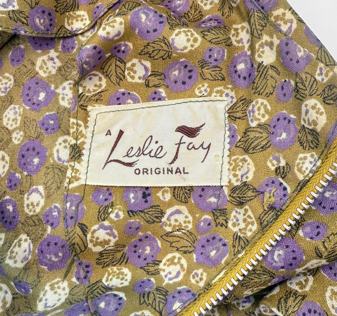 50s Full Skirt Dress Drop Waist Purple Floral  Print Leslie Fay VFG