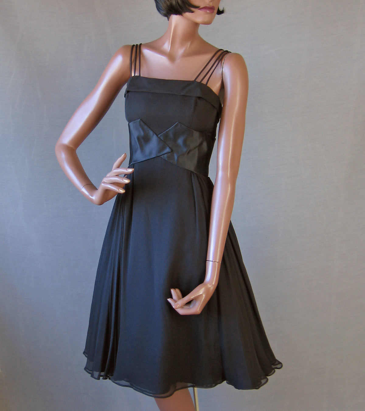Women's 50s Dress Party Vintage Black Chiffon Full Skirt LBD Silk Small to Medium VFG