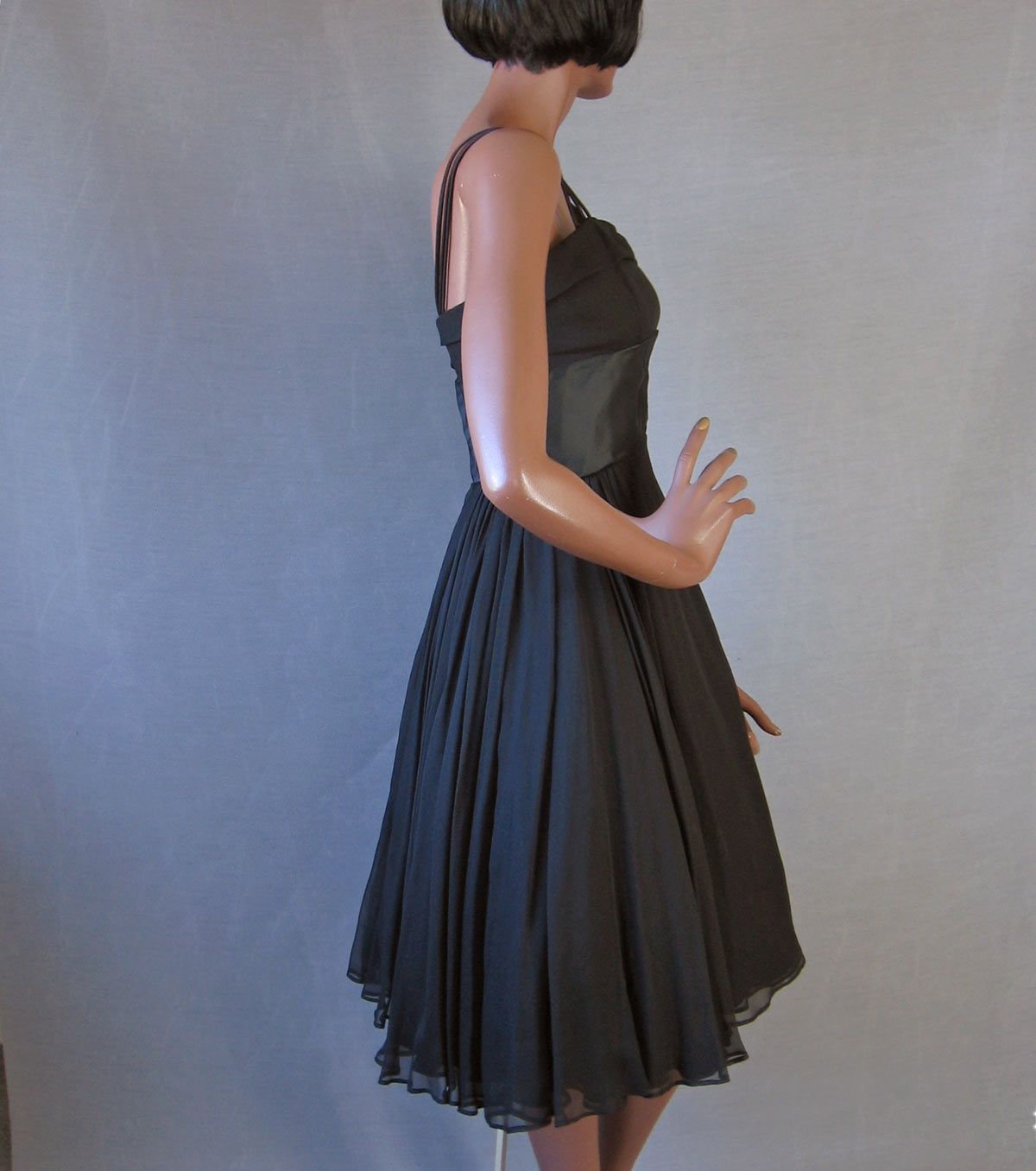 Women's 50s Dress Party Vintage Black Chiffon Full Skirt LBD Silk Small to Medium VFG