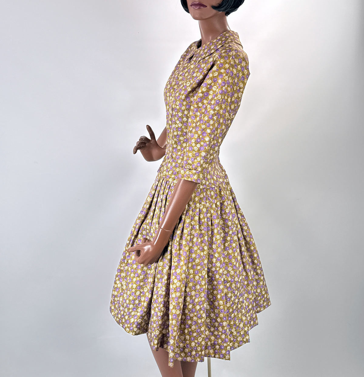50s Full Skirt Dress Drop Waist Purple Floral  Print Leslie Fay VFG