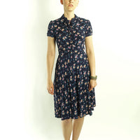 70s Vintage Day Dress Floral Rayon Swingy 40s Inspired Women's Small VFG