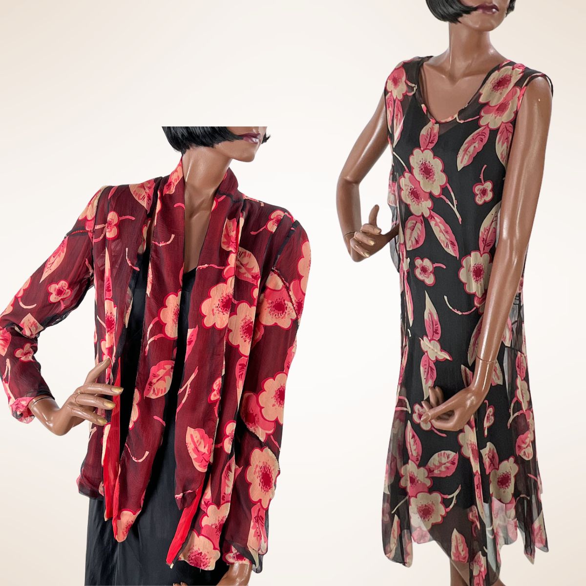 20s Vintage Chiffon Dress &amp; Jacket Set Art Deco Floral Print VFG