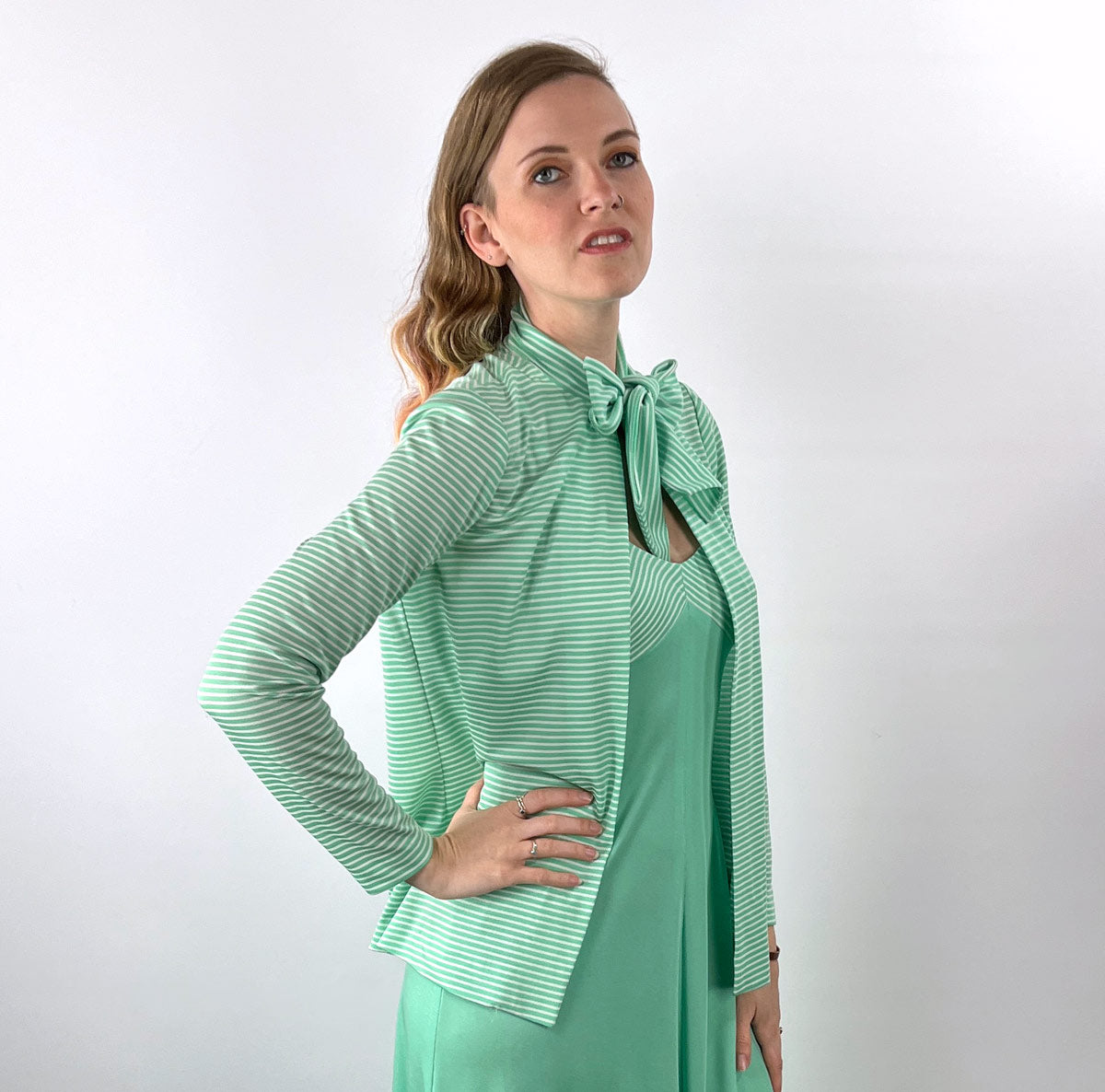 70s Maxi Dress &amp; Jacket Mint Green Stripe Vintage Joan Sparks for Alamor VFG Small