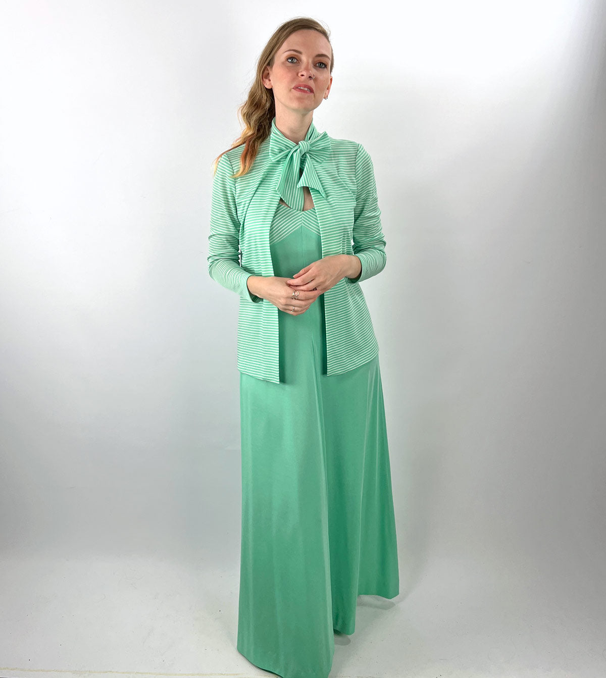 70s Maxi Dress & Jacket Mint Green Stripe Vintage Joan Sparks for Alamor VFG Small 70s Maxi Dress & Jacket Mint Green Stripe Vintage Joan Sparks for Alamor VFG Small