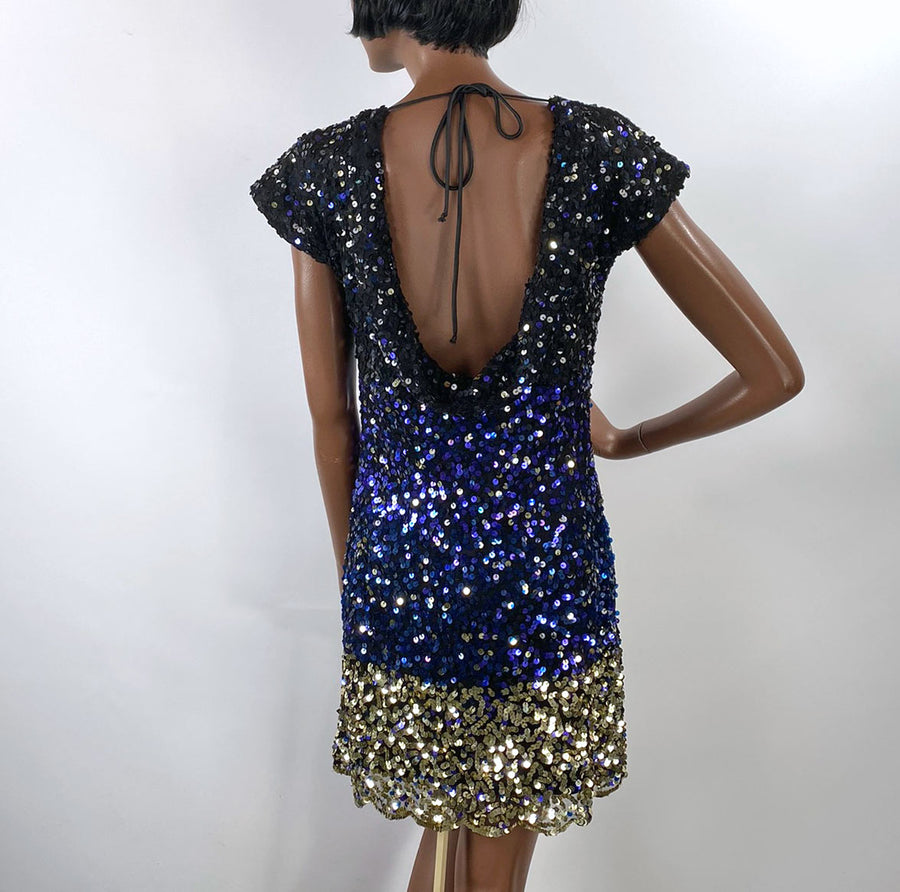 90s Vintage Ombre Sequin Mini Dress Women's Black to Blue to Gold Arden B Small VFG
