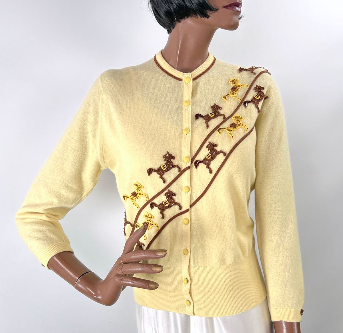 50s Cashmere Cardigan Sweater Beaded Ponies Small to Medium