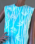 60s Women's Mini Dress Bamboo Print Vintage Shift Aqua Small to Medium VFG