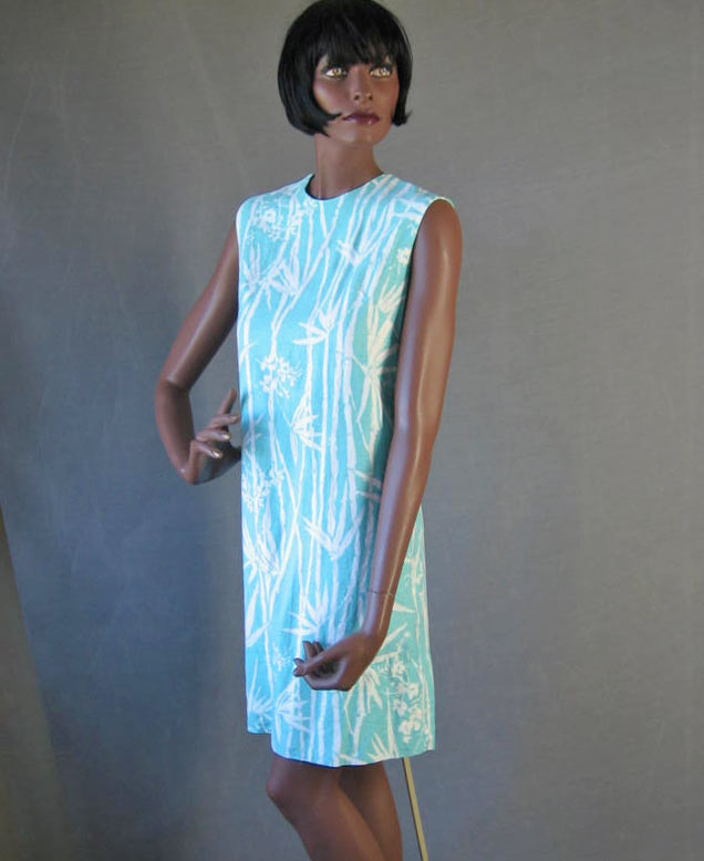 60s Women's Mini Dress Bamboo Print Vintage Shift Aqua Small to Medium VFG