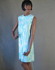 60s Women's Mini Dress Bamboo Print Vintage Shift Aqua Small to Medium VFG