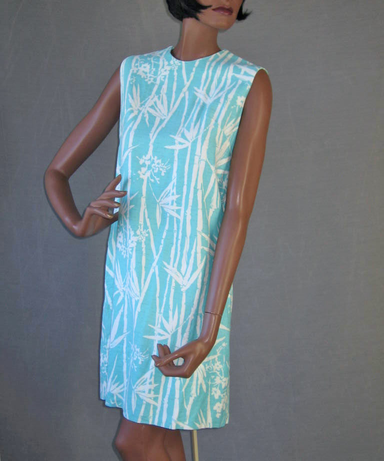 60s Women's Mini Dress Bamboo Print Vintage Shift Aqua Small to Medium VFG