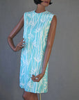 60s Women's Mini Dress Bamboo Print Vintage Shift Aqua Small to Medium VFG