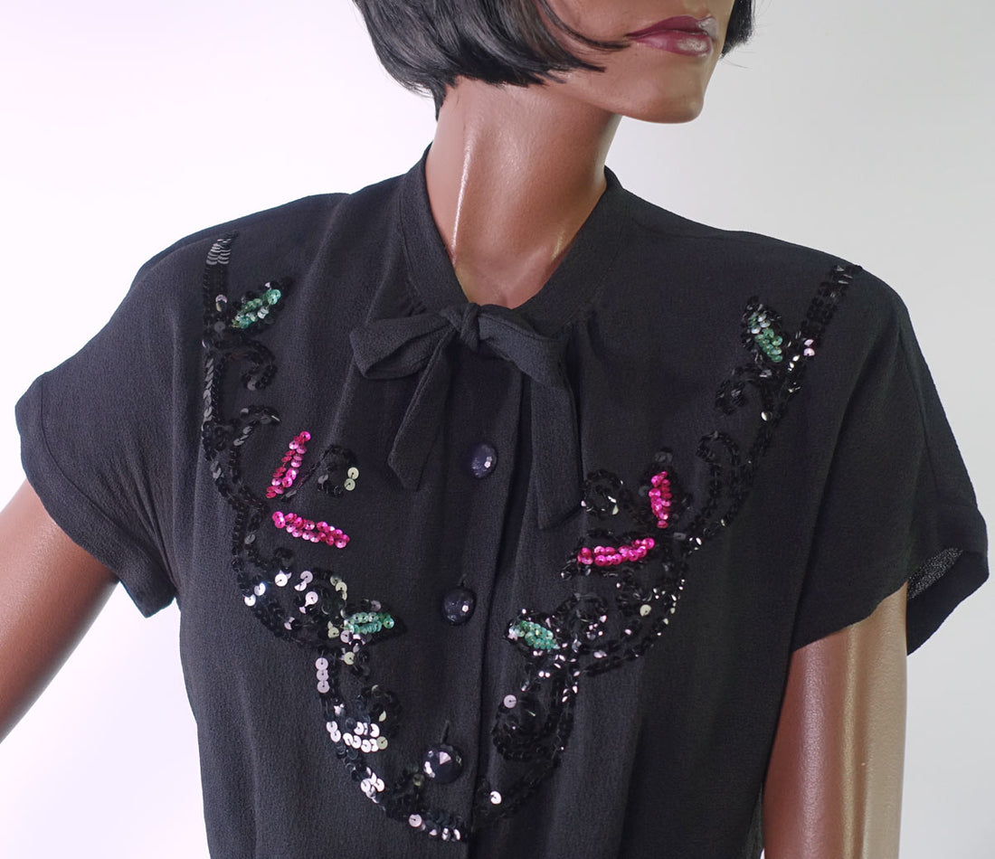 40s Vintage Black Crepe Blouse Colorful Beaded Bow Neck Women's Medium to Large VFG