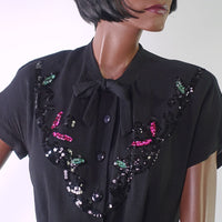 40s Vintage Black Crepe Blouse Colorful Beaded Bow Neck Women's Medium to Large VFG