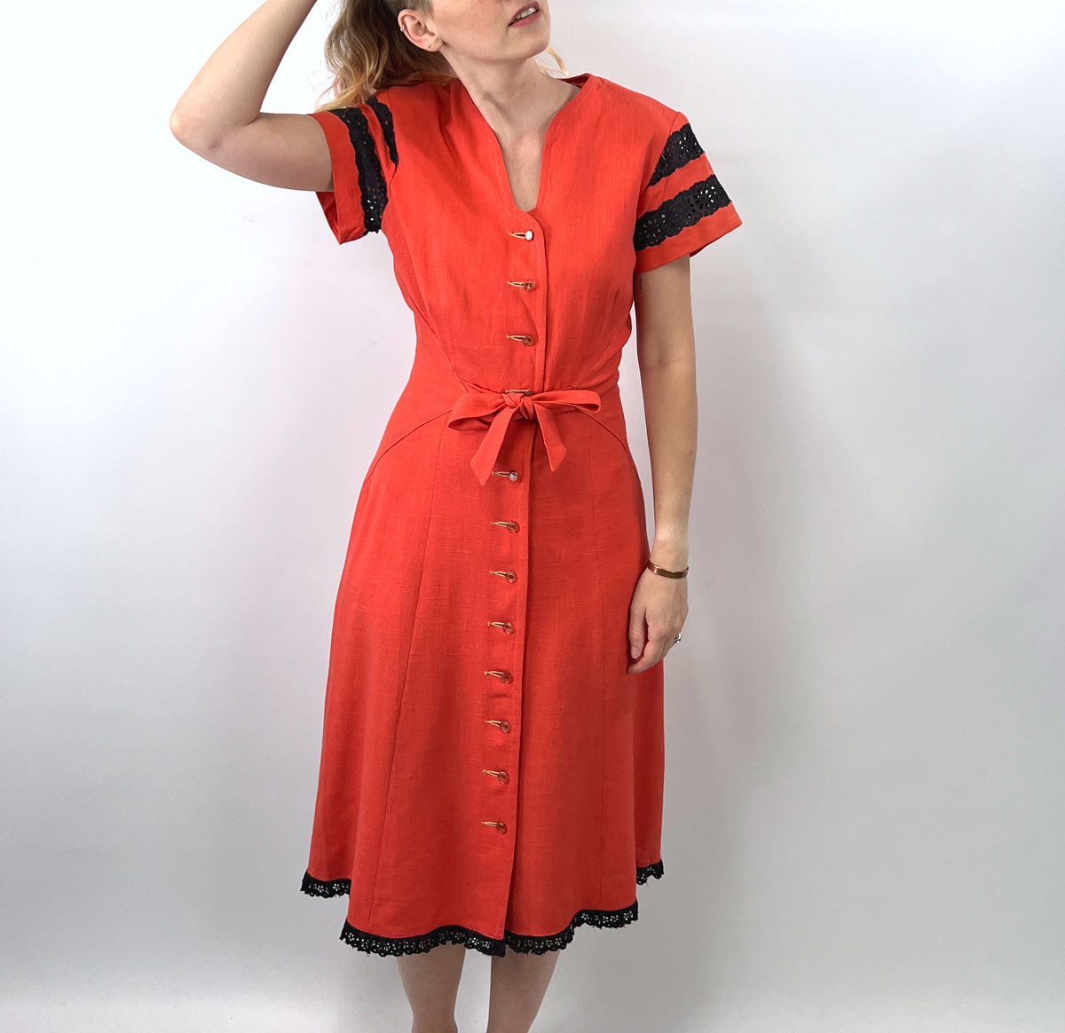 40s Vintage Dress 50s Fit and Flare Coral Pink with Black Eyelet Lace