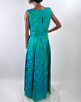 50s Party Dress with Popover Jacket Women's 60s Long Gown Blue Green Brocade Carol Brent VFG