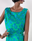 50s Party Dress with Popover Jacket Women's 60s Long Gown Blue Green Brocade Carol Brent VFG