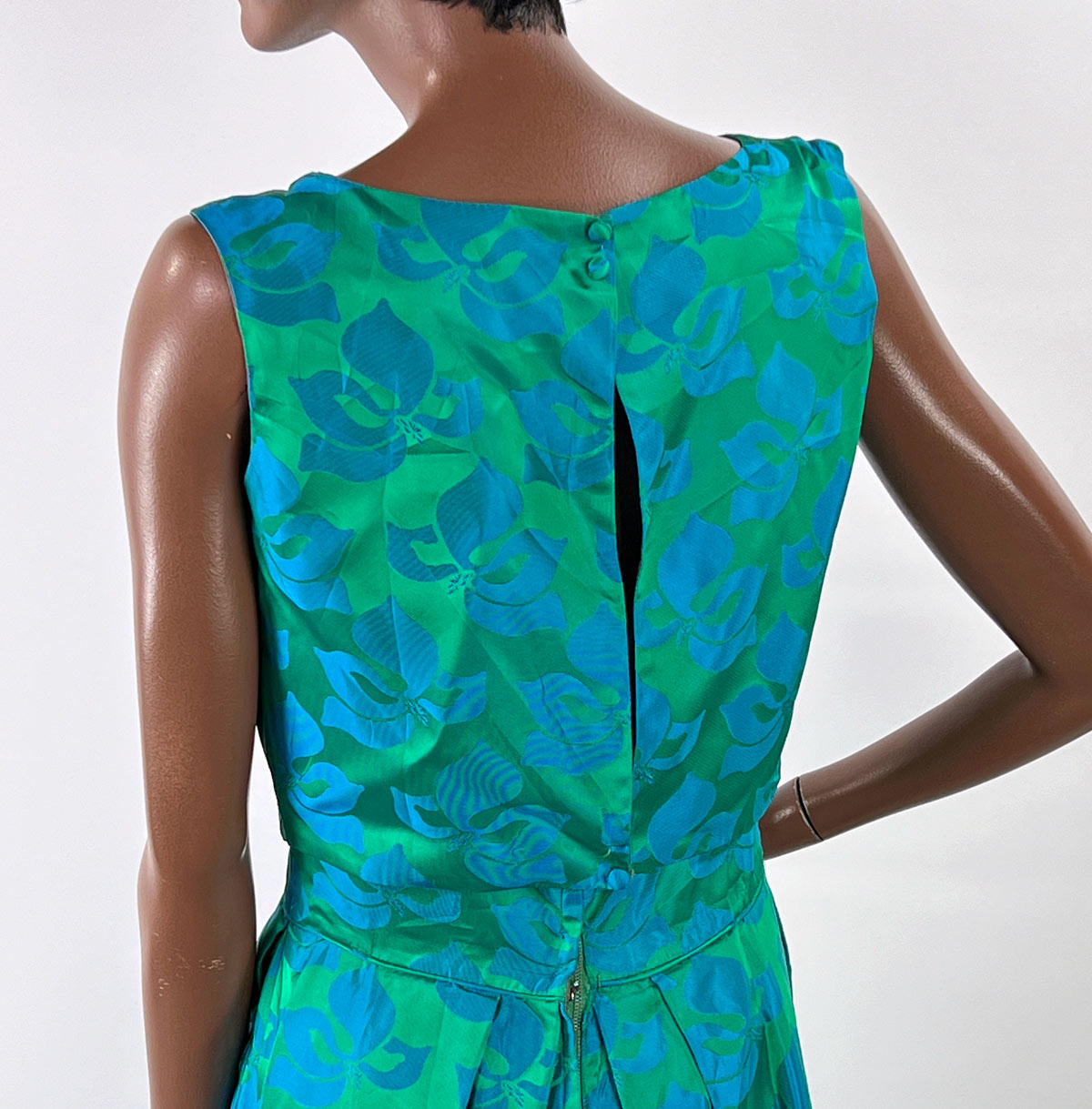 50s Party Dress with Popover Jacket Women&#39;s 60s Long Gown Blue Green Brocade Carol Brent VFG