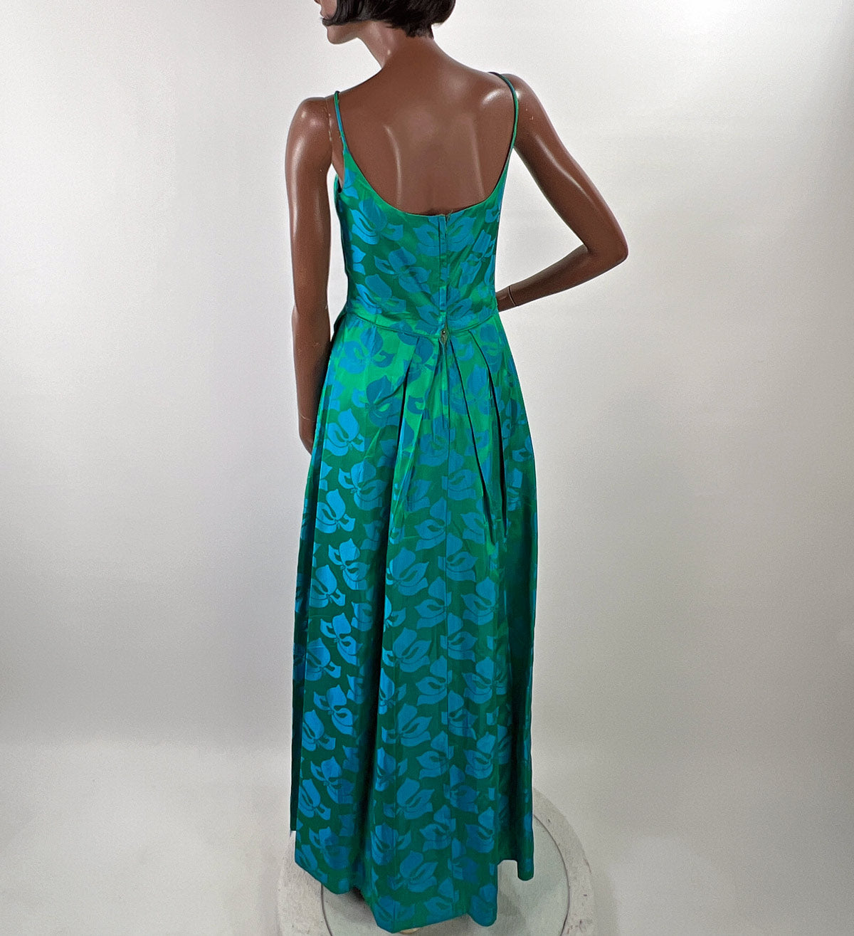 50s Party Dress with Popover Jacket Women&#39;s 60s Long Gown Blue Green Brocade Carol Brent VFG