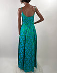 50s Party Dress with Popover Jacket Women's 60s Long Gown Blue Green Brocade Carol Brent VFG