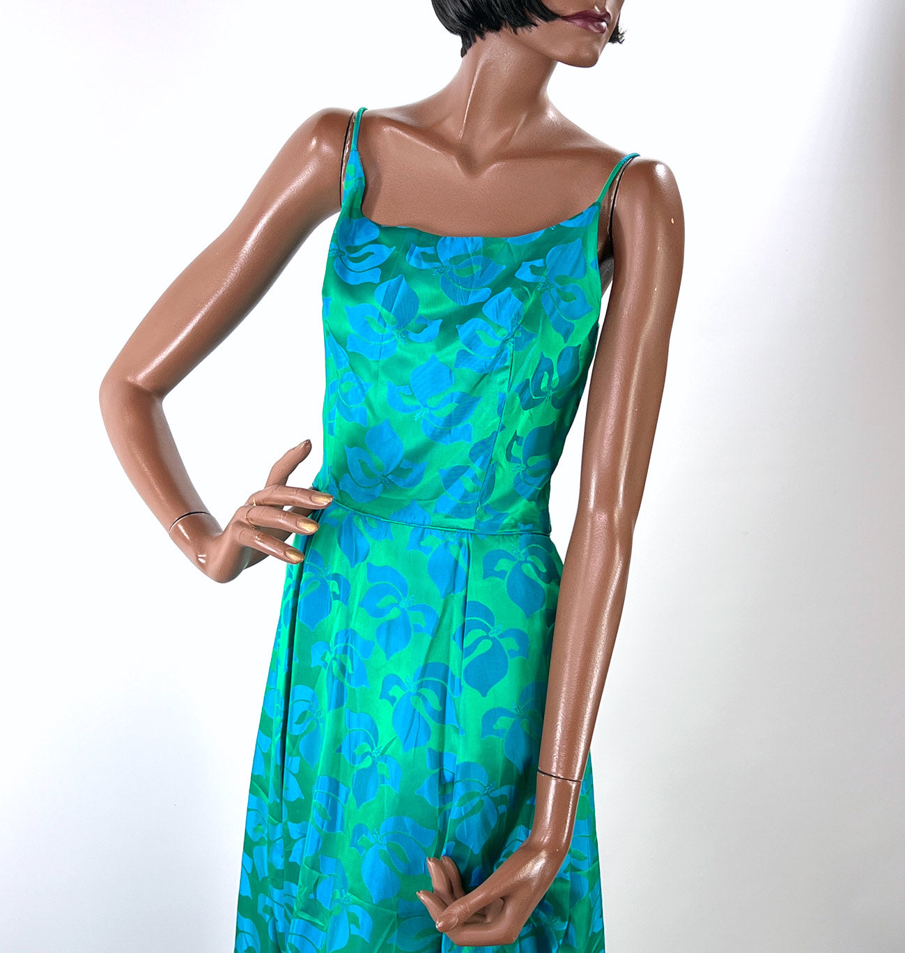 50s Party Dress with Popover Jacket Women&#39;s 60s Long Gown Blue Green Brocade Carol Brent VFG