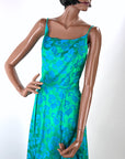 50s Party Dress with Popover Jacket Women's 60s Long Gown Blue Green Brocade Carol Brent VFG