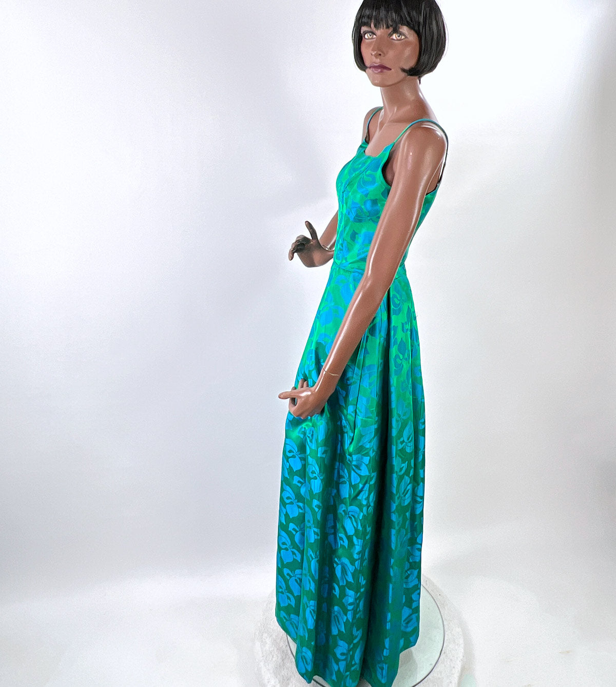 50s Party Dress with Popover Jacket Women&#39;s 60s Long Gown Blue Green Brocade Carol Brent VFG