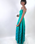 50s Party Dress with Popover Jacket Women's 60s Long Gown Blue Green Brocade Carol Brent VFG