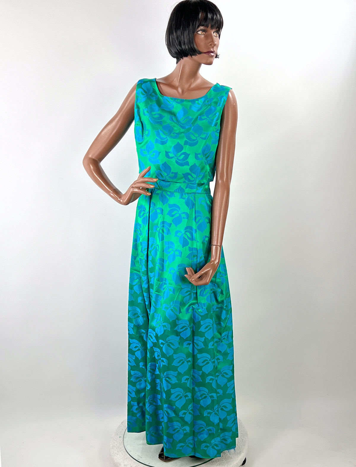 50s Party Dress with Popover Jacket Women&#39;s 60s Long Gown Blue Green Brocade Carol Brent VFG