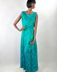 50s Party Dress with Popover Jacket Women's 60s Long Gown Blue Green Brocade Carol Brent VFG