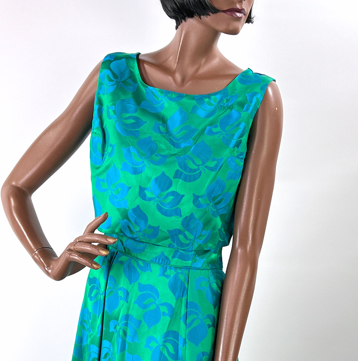 50s Party Dress with Popover Jacket Women&#39;s 60s Long Gown Blue Green Brocade Carol Brent VFG