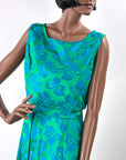 50s Party Dress with Popover Jacket Women's 60s Long Gown Blue Green Brocade Carol Brent VFG